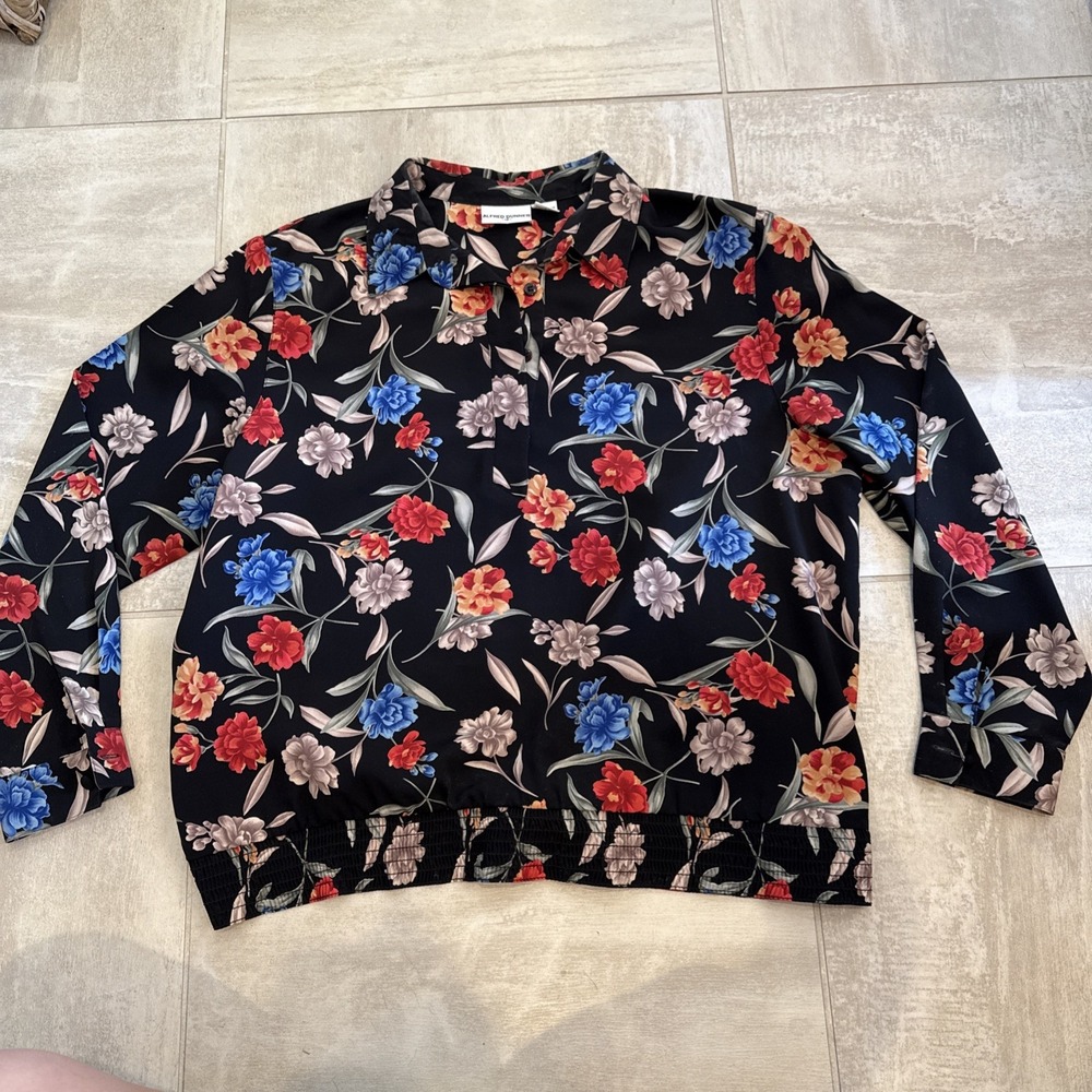 ALFRED DUNNER Large 18 Top Elastic Waist Floral 1/4 Button Collared Lightweight